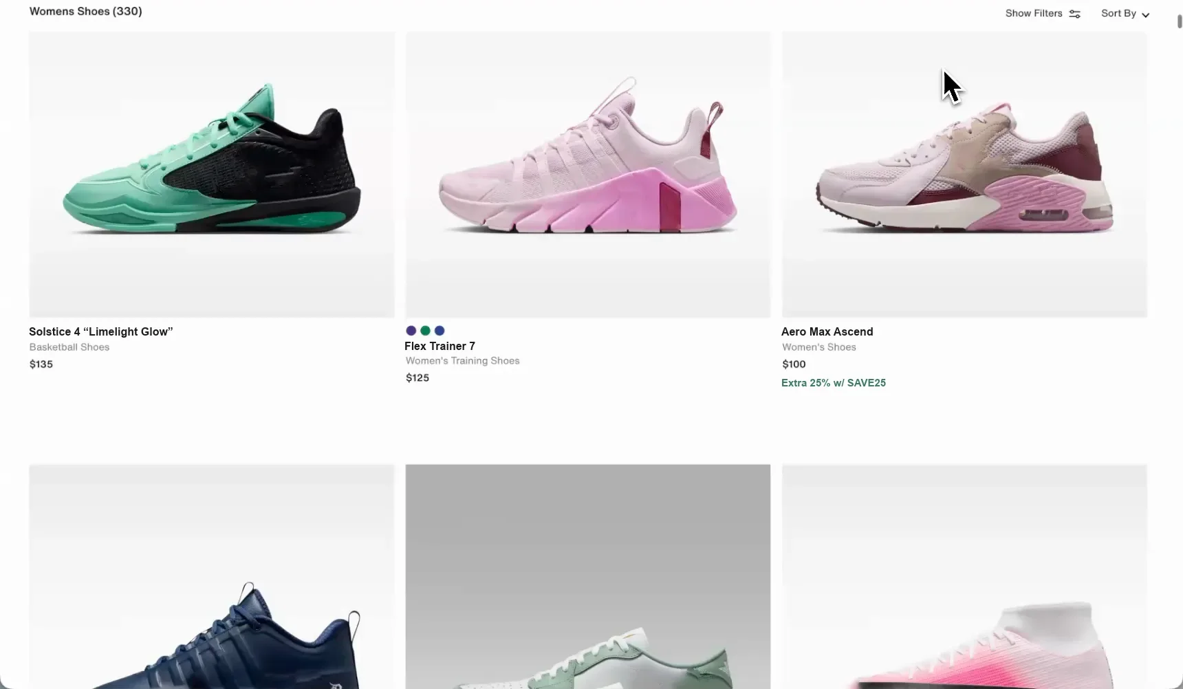 The shoe retailer’s listing page the rows were taken from — a grid of trainers with names, categories and prices.